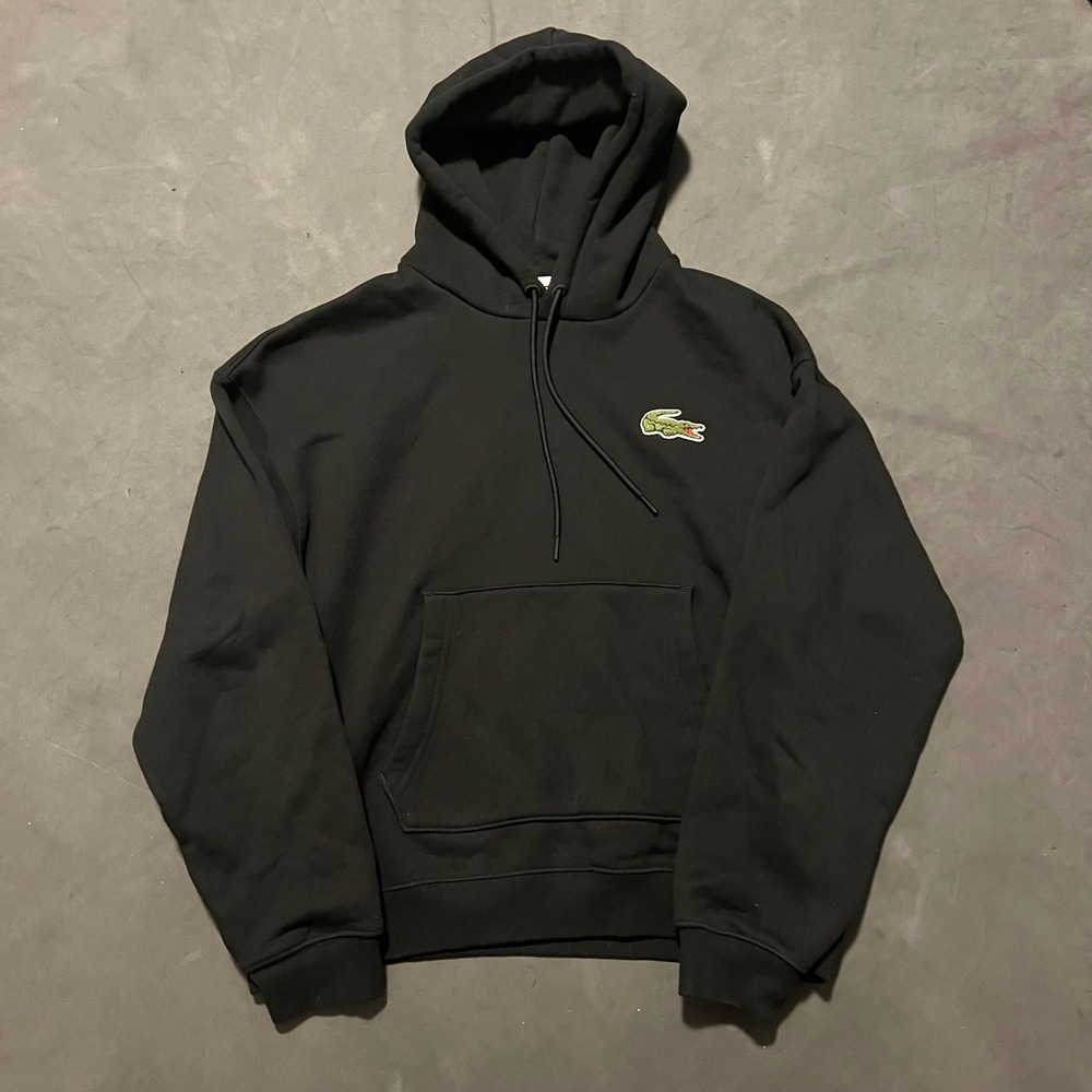 Lacoste Loose Fit Hoodie Mens Medium Black Organic Cotton Pullover Big Logo